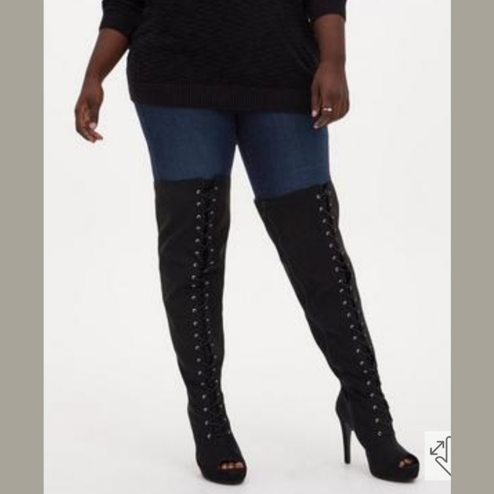 Open Toe Lace-Up Over-The-Knee Platform Boot - Black Faux Suede (Wide Width)
